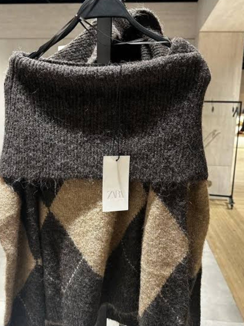ZARA Brown & Tan Geometric Cowl Neck Sweater